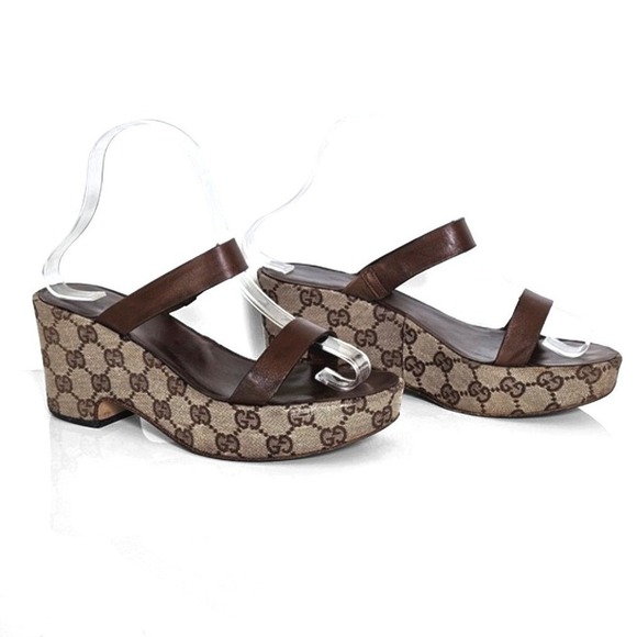 Gucci GG Monogram Canvas Leather Platform Slide Sandals - Size 7B Brown